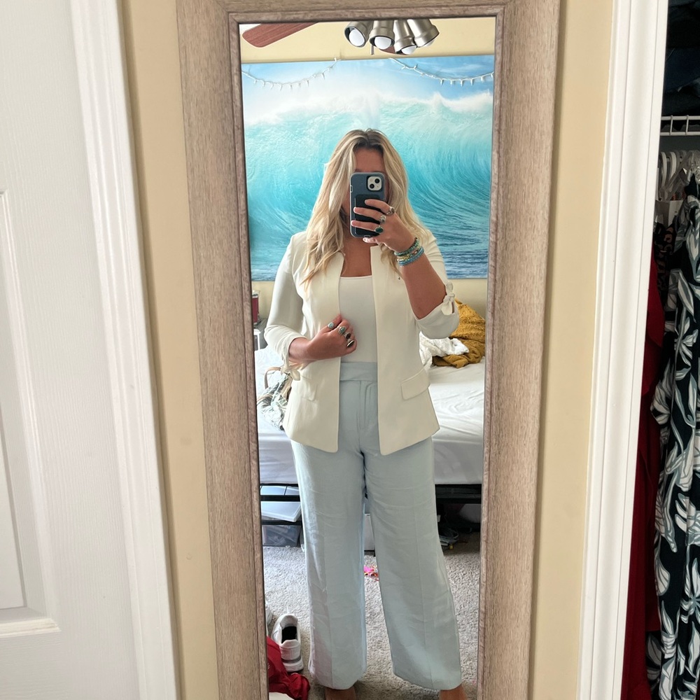 Light blue and tan trousers